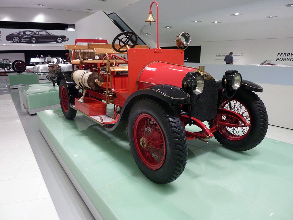 Historic exhibit hall inside the Porsche Museum in Stuttgart