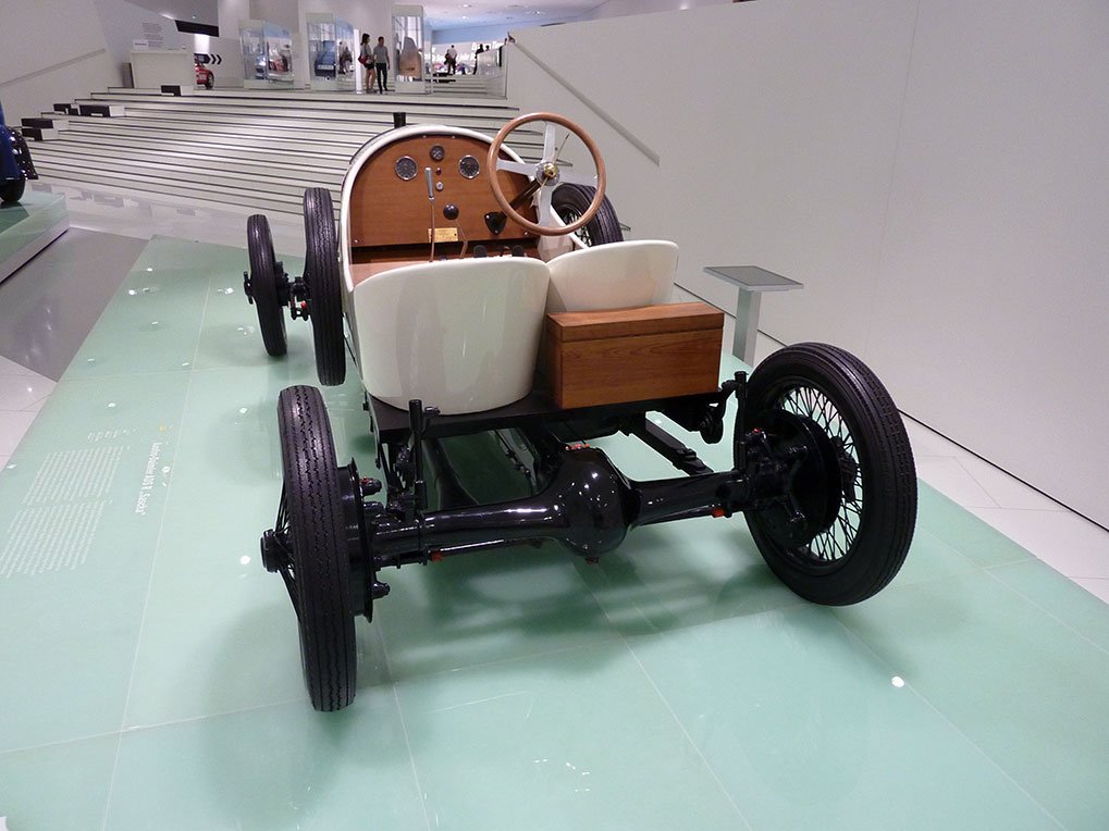 Historic Austro-Daimler race car exhibit in the Porsche Museum