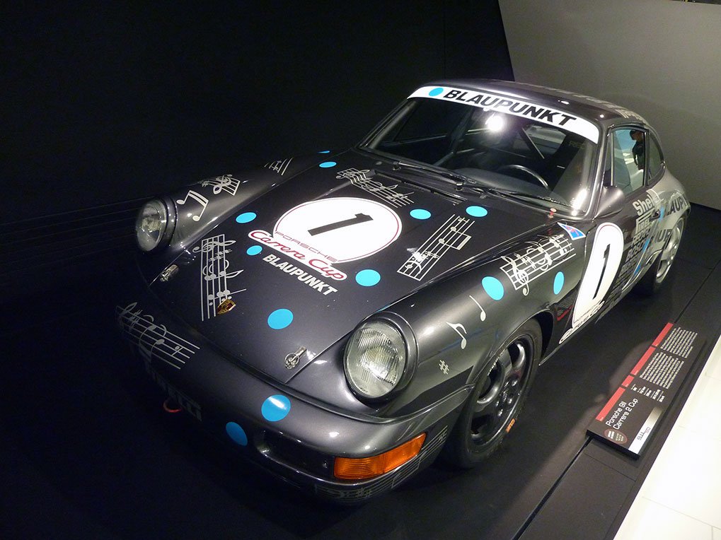 Porsche Cup car display detail in the museum