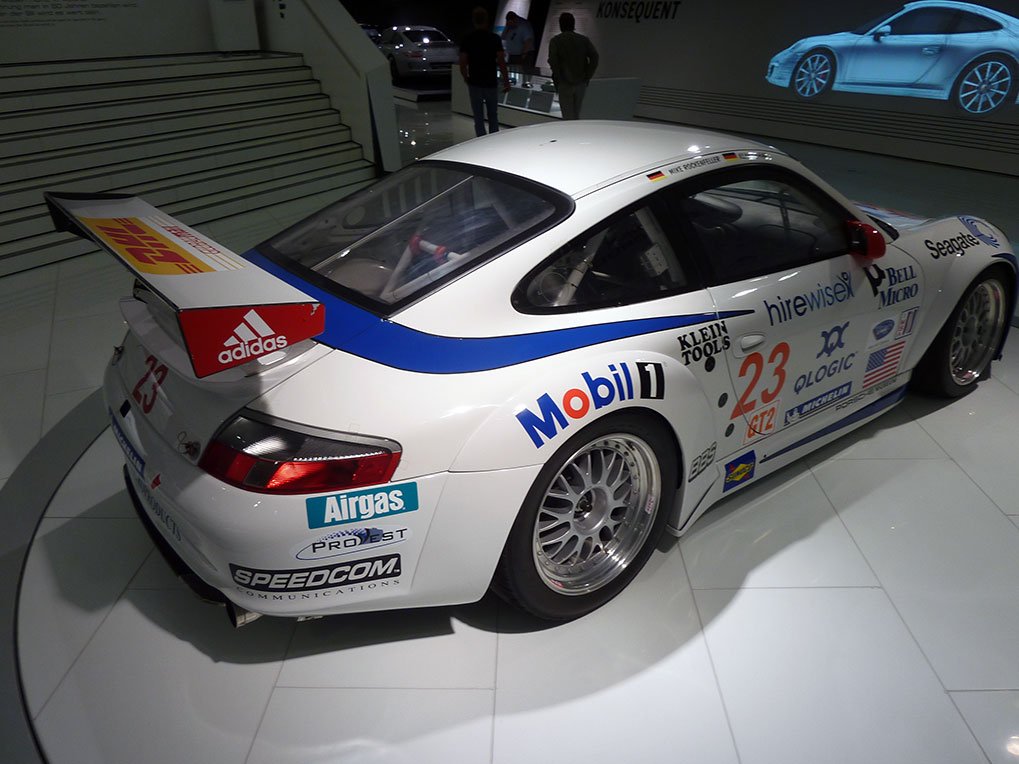 Modern Porsche 911 display detail in the museum
