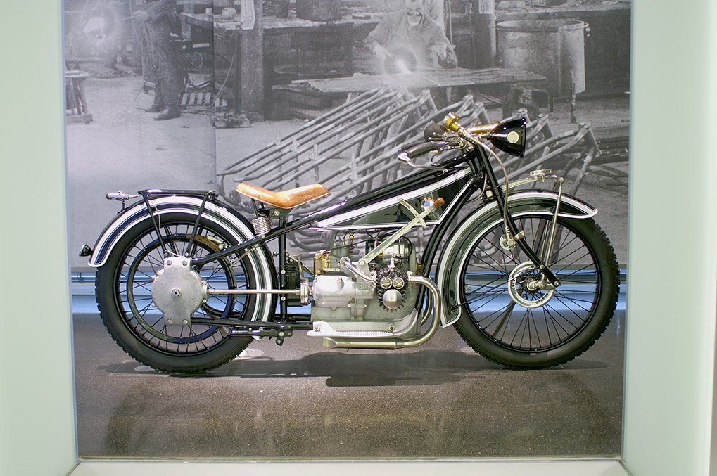 Close-up of BMW motorcycle history display