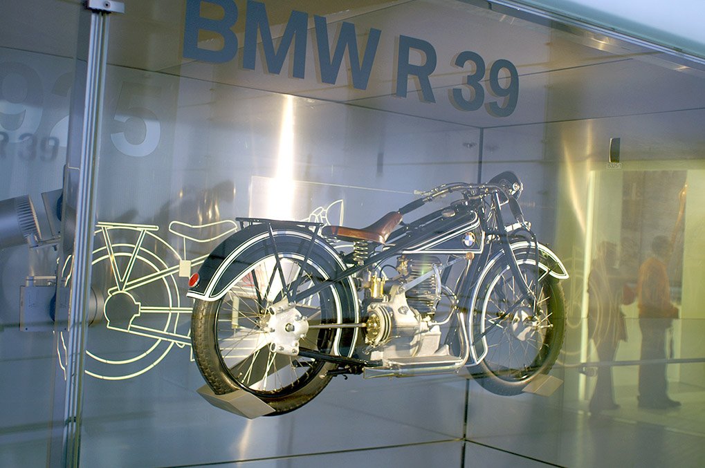 Historic BMW motorcycles in the museum display
