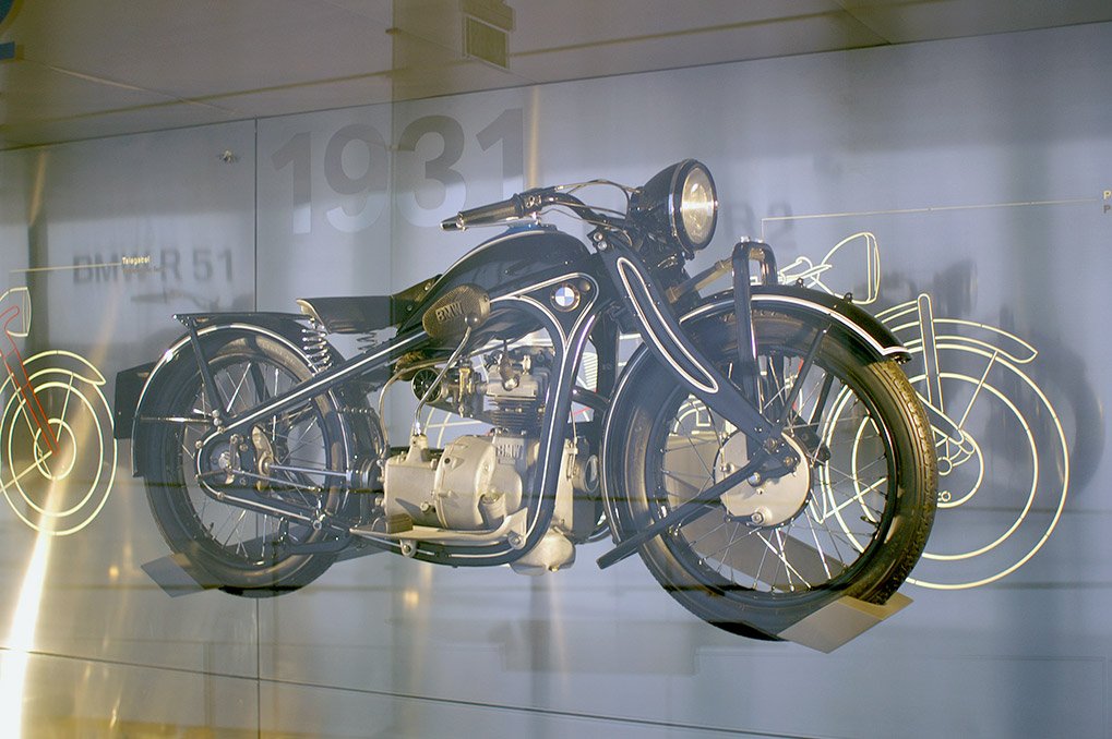 BMW motorcycle exhibit detail inside the museum