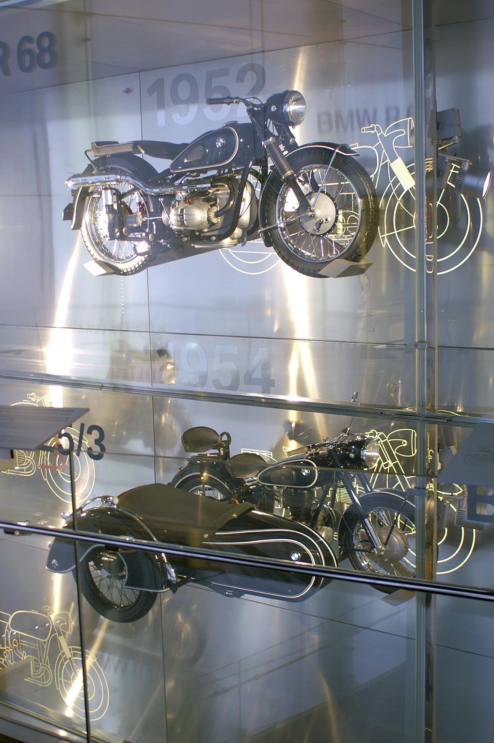 Vertical motorcycle display wall inside the BMW Museum