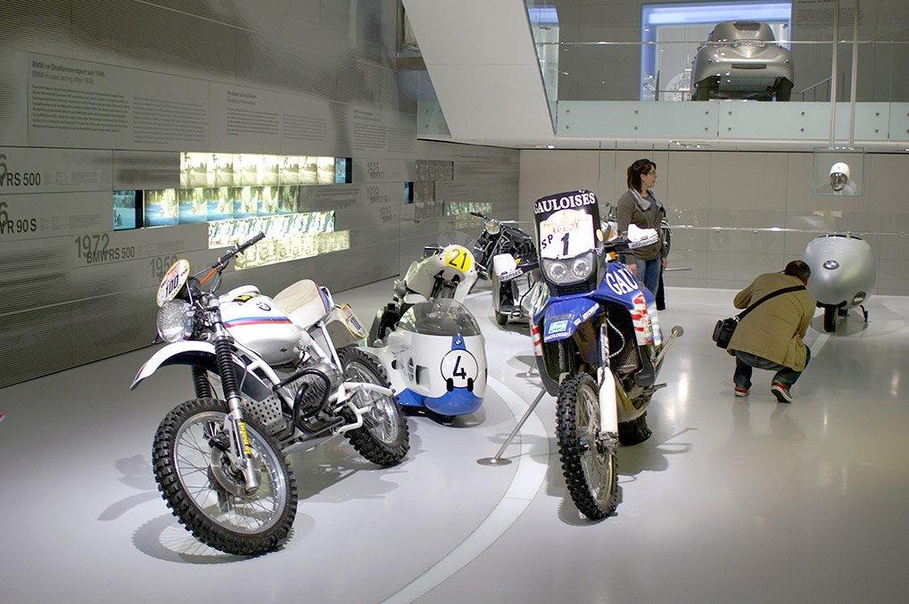 BMW motorcycle racing exhibit close-up