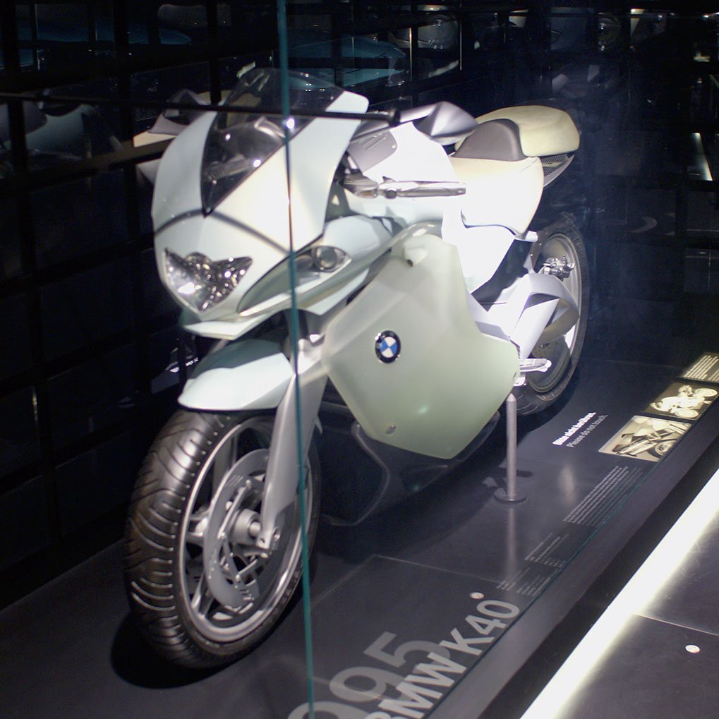 High wall of BMW motorcycles at the museum