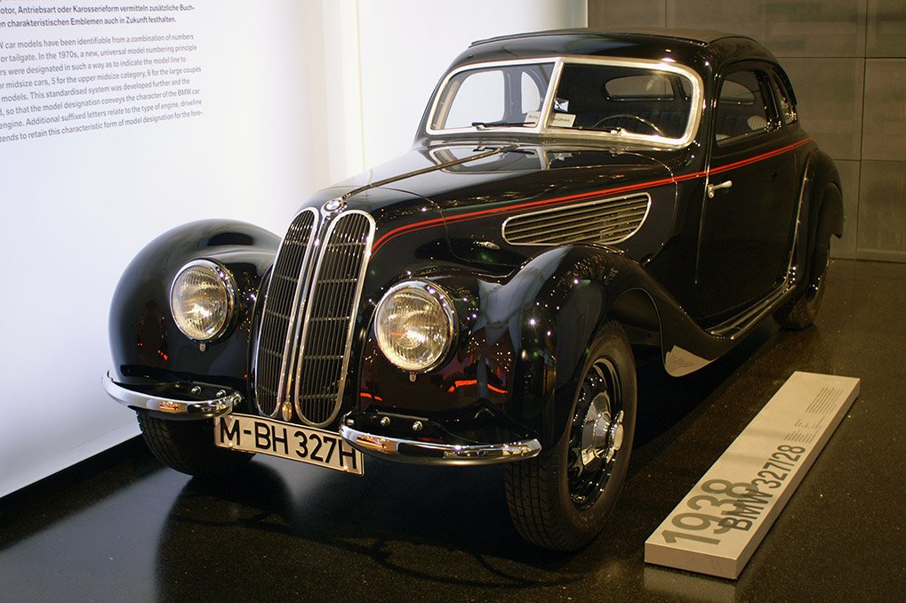 Historic BMW roadster display in the museum
