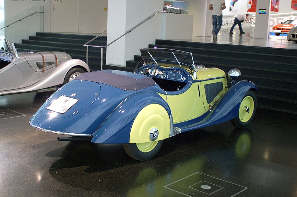 Classic BMW roadster display in the museum