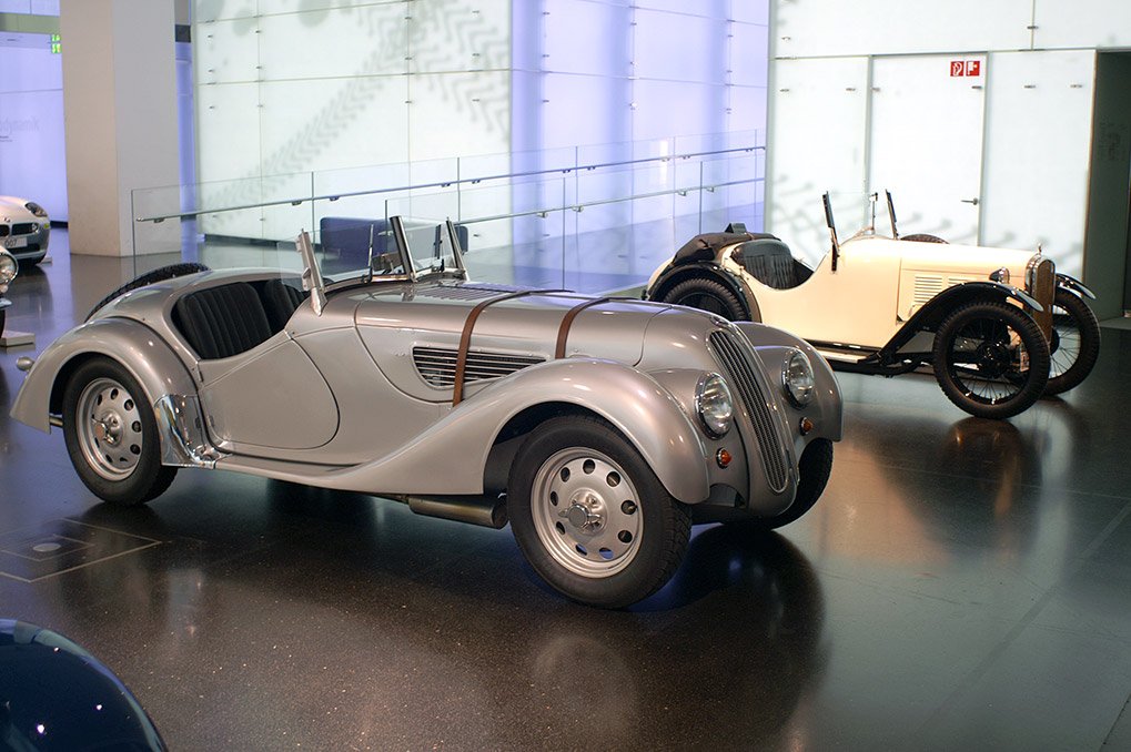 Historic BMW roadster exhibit in the museum