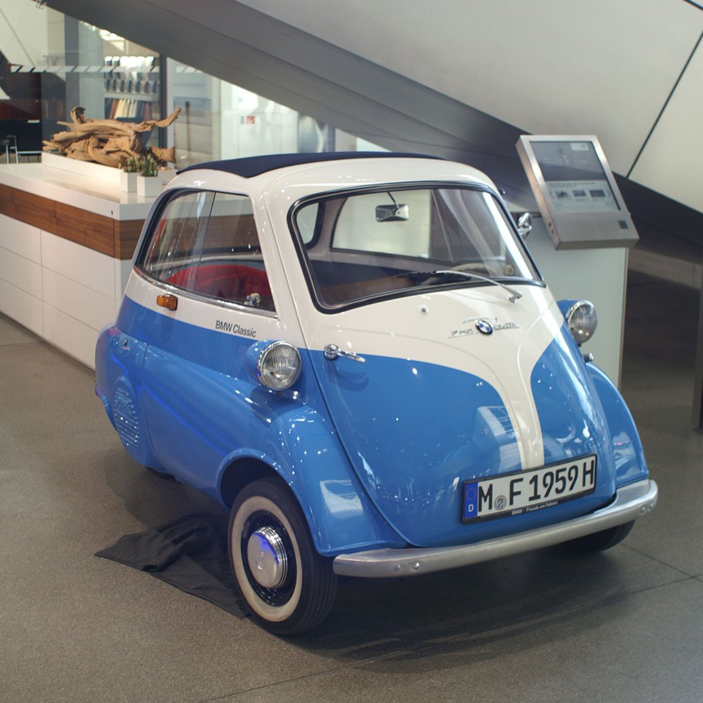 Historic BMW display near the museum approach