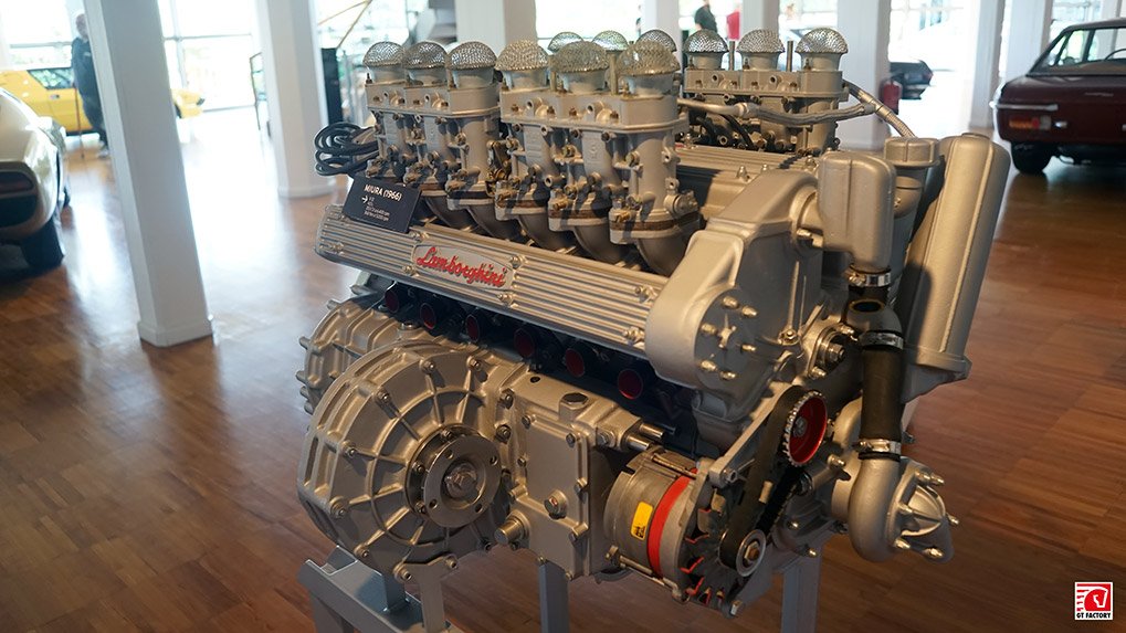 Engine bay of Lamborghini Miura at the museum