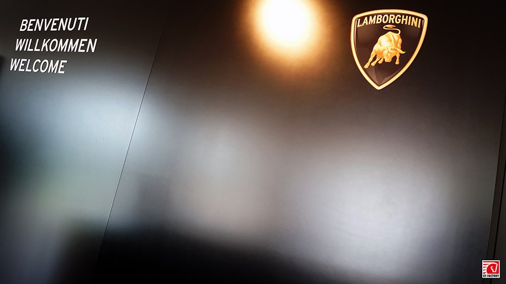 Welcome wall inside the Lamborghini Museum
