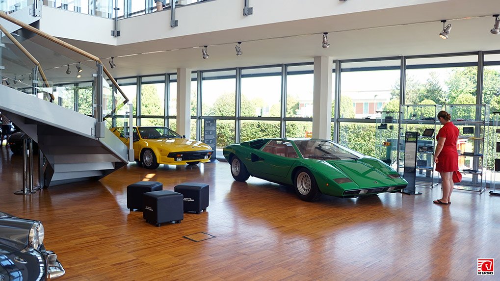 Historic Lamborghini display on the ground floor of the museum