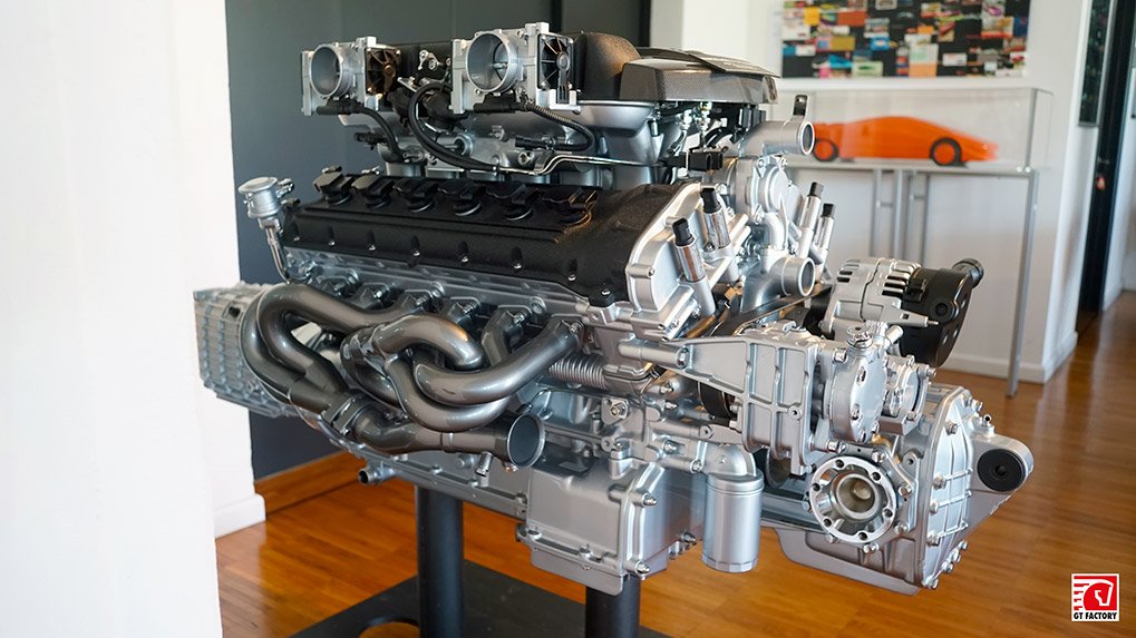 Lamborghini Murcielago LP640 V12 engine on display at the Lamborghini Museum
