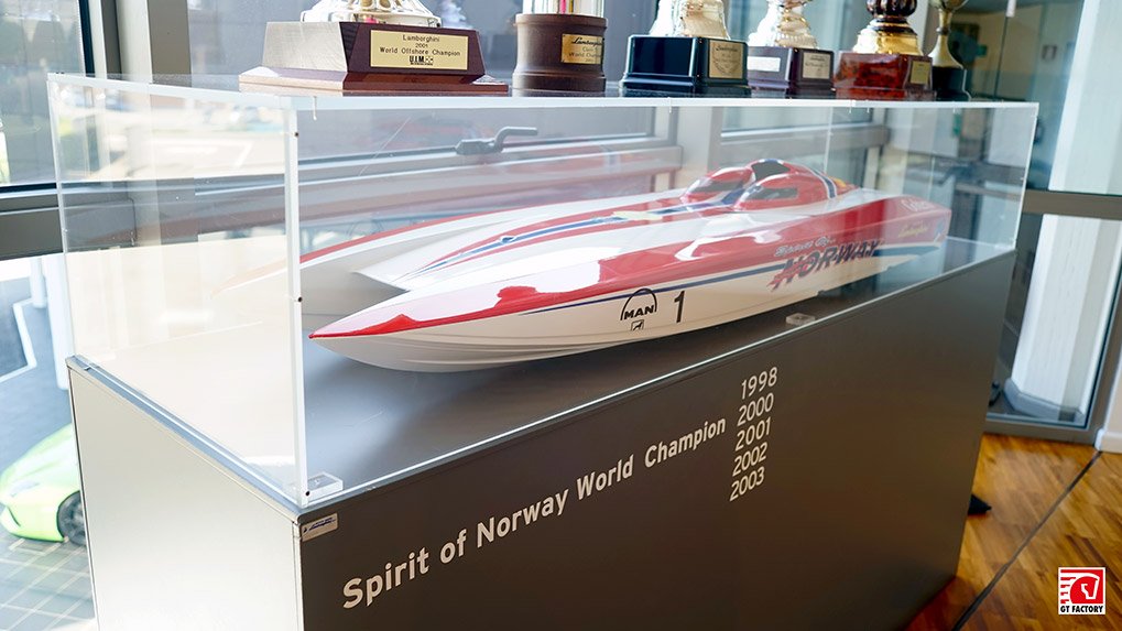 Spirit of Norway racing boat model at the Lamborghini Museum