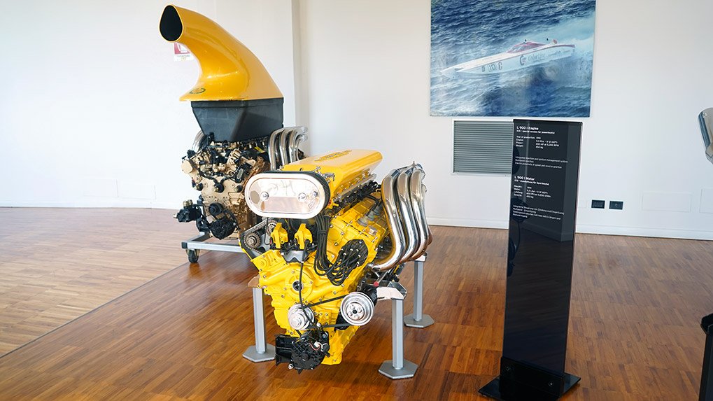 Lamborghini marine V12 engine display at the museum