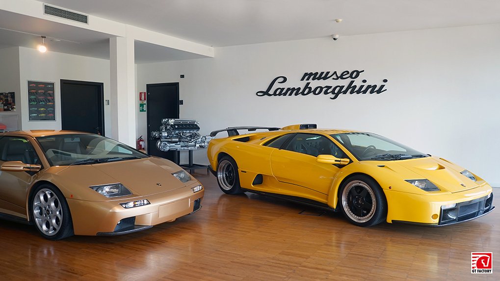 Lamborghini corporate history display from the Diablo era at the museum