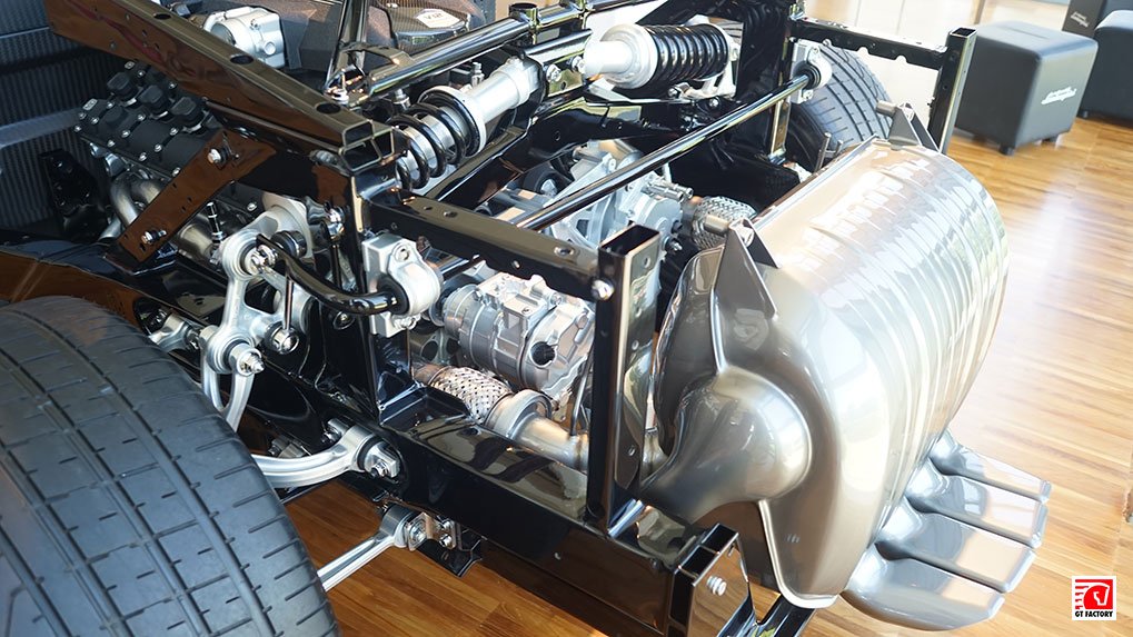 Lamborghini Aventador LP700-4 frame engine and suspension display at the Lamborghini Museum