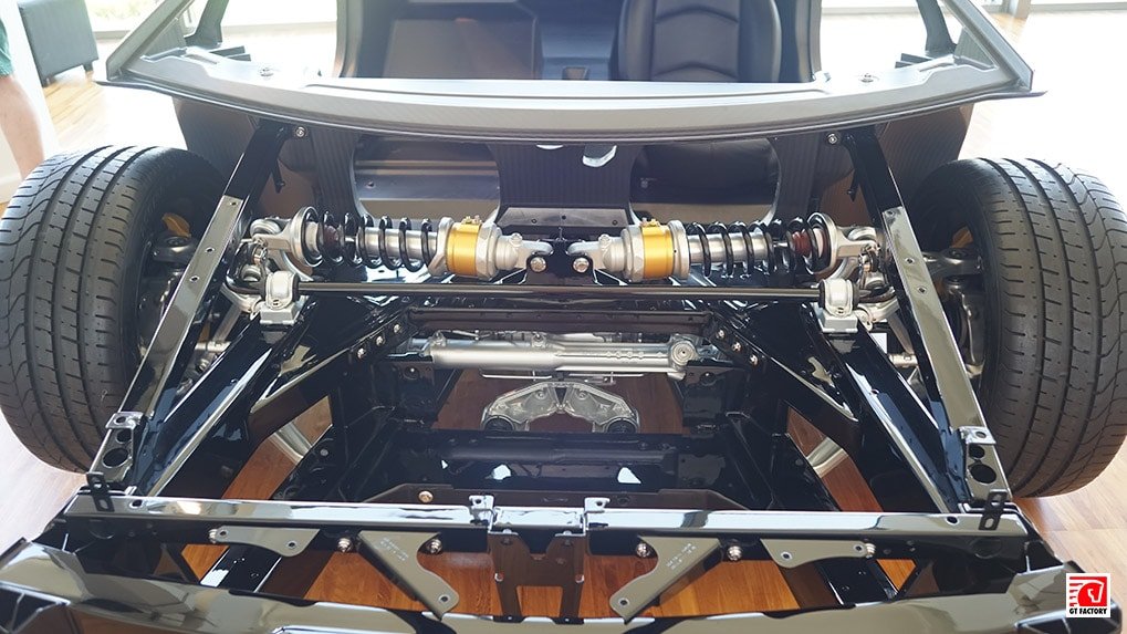 Lamborghini Aventador LP700-4 frame and suspension display at the Lamborghini Museum