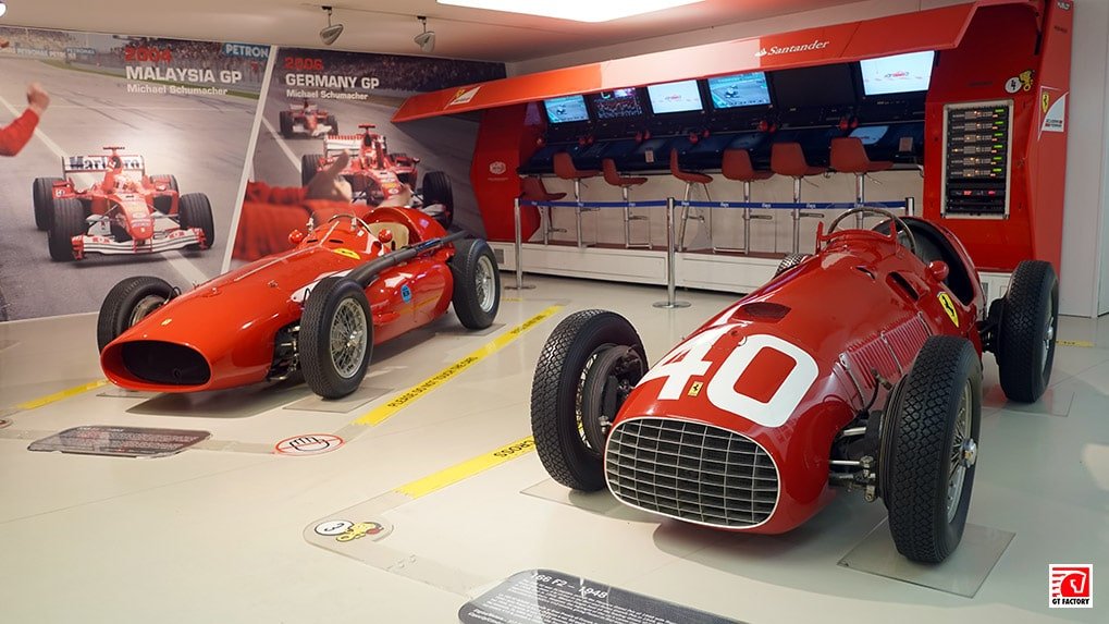 Historic Ferrari racing cars in the first exhibition hall