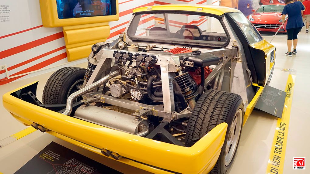 Yellow Ferrari 408 4RM prototype on display in Maranello