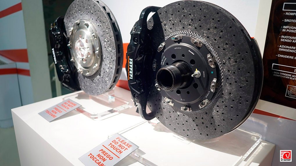 Ferrari carbon-ceramic brake system display in Maranello