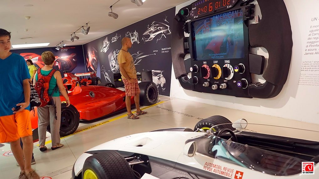 Interactive Ferrari steering wheel display at the Ferrari Museum in Maranello