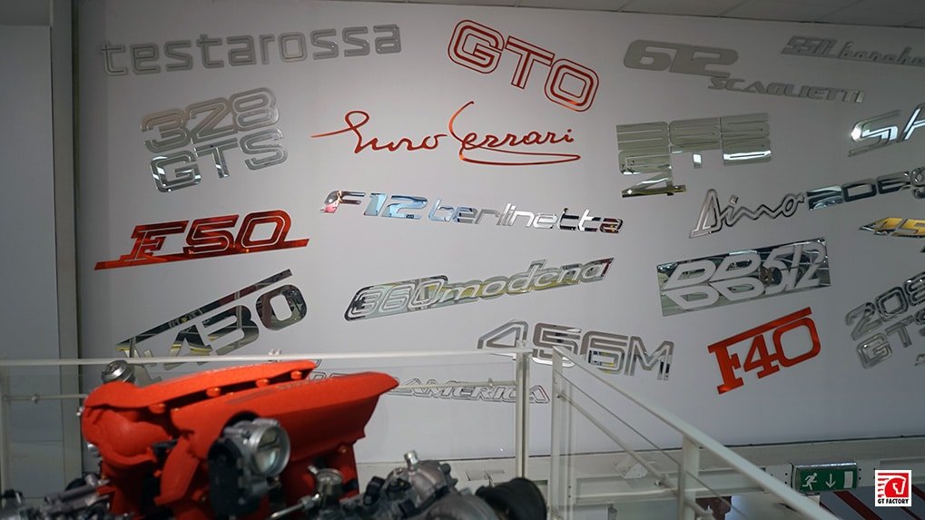 Ferrari model logos installation at the Ferrari Museum in Maranello