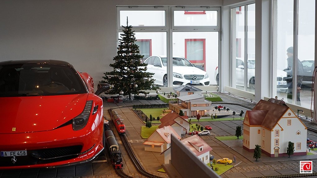 Christmas display inside the original Novitec building and a Ferrari 458 Italia