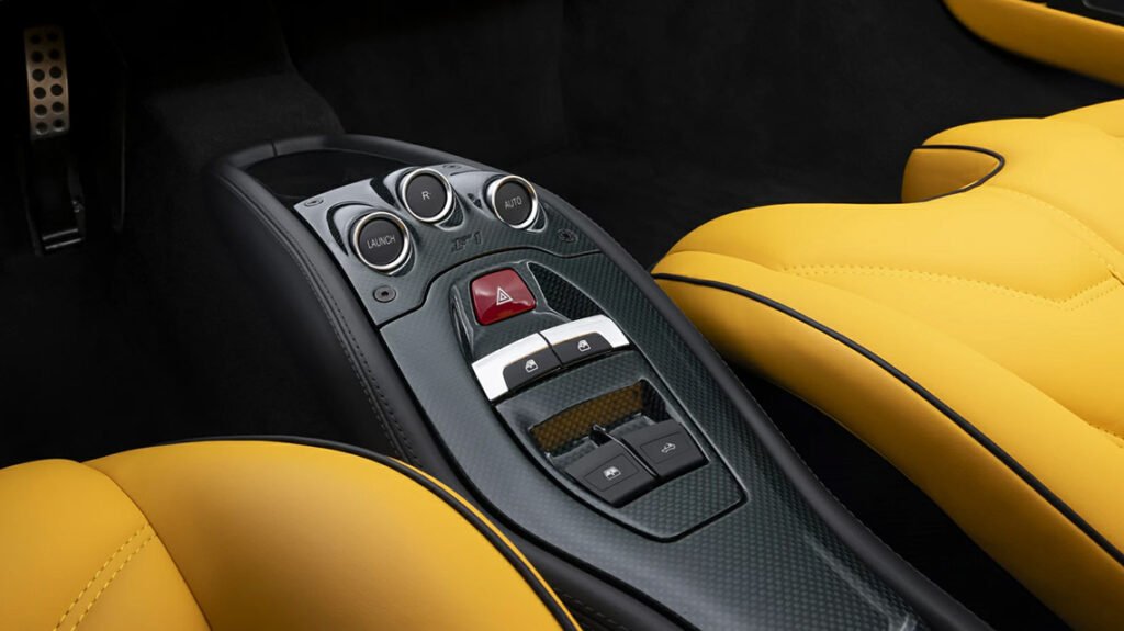 Ferrari 458 Spider center console with bespoke yellow leather interior