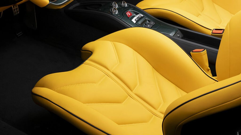 Ferrari 458 Spider custom seat upholstery with yellow leather finish