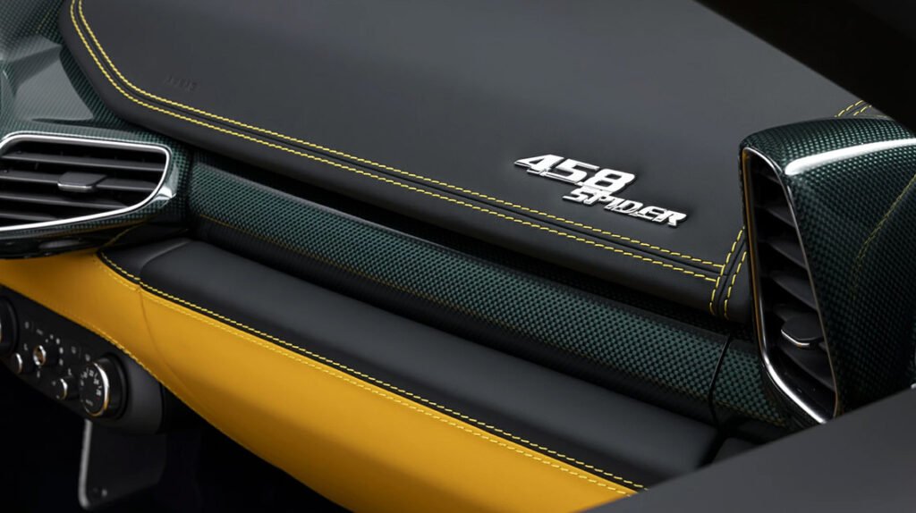 Ferrari 458 Spider interior trim with green carbon fiber and yellow leather
