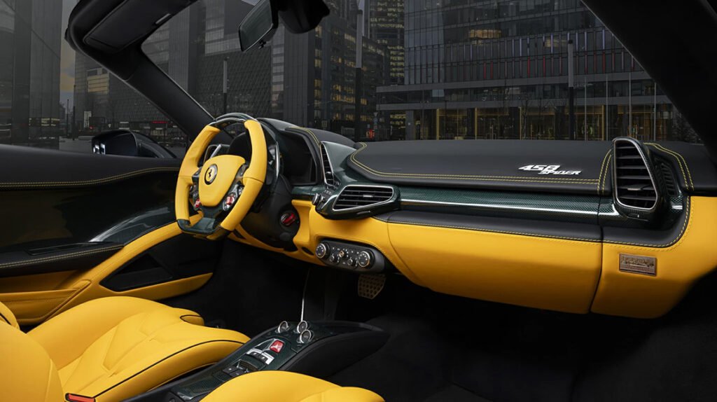 Bespoke interiors for Ferrari 458 Spider with yellow leather and green carbon fiber