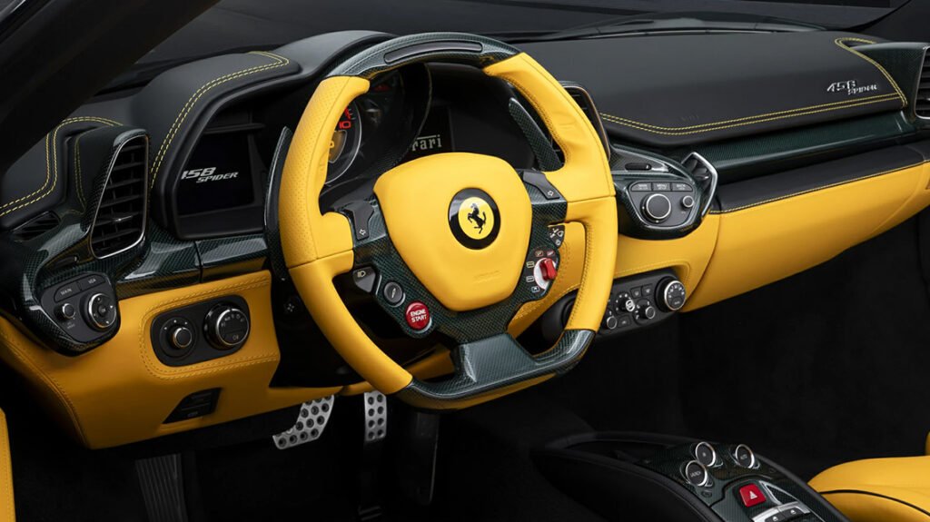 Ferrari 458 Spider bespoke interior with yellow leather dashboard and steering wheel