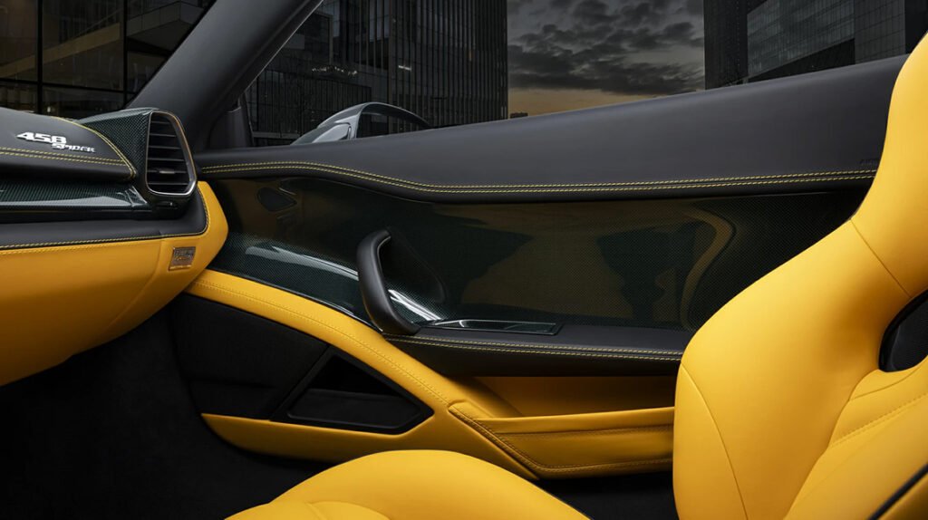 Ferrari 458 Spider bespoke door panel with yellow leather and green carbon fiber