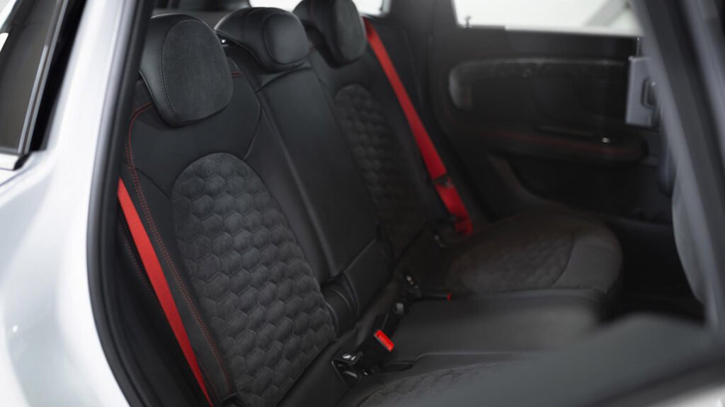 Custom MINI F60 JCW rear interior with black leather and red accents
