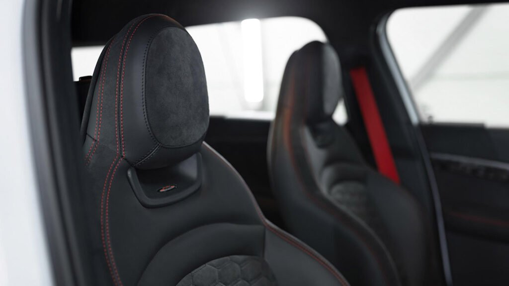 Bespoke MINI F60 JCW seat upholstery with black leather and red stitching