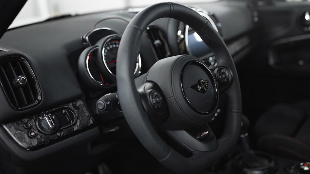 MINI F60 JCW bespoke interior with black trim and forged matte carbon