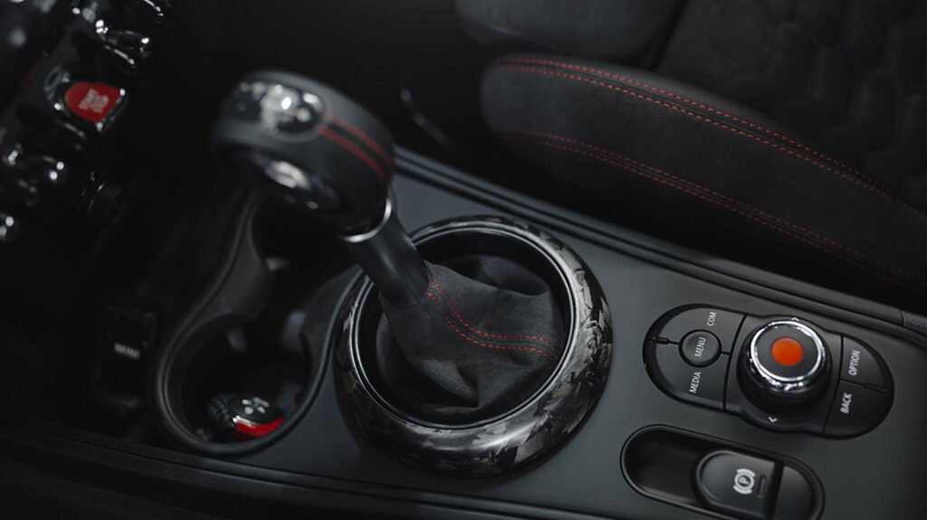 MINI F60 JCW center console with forged matte carbon interior detailing