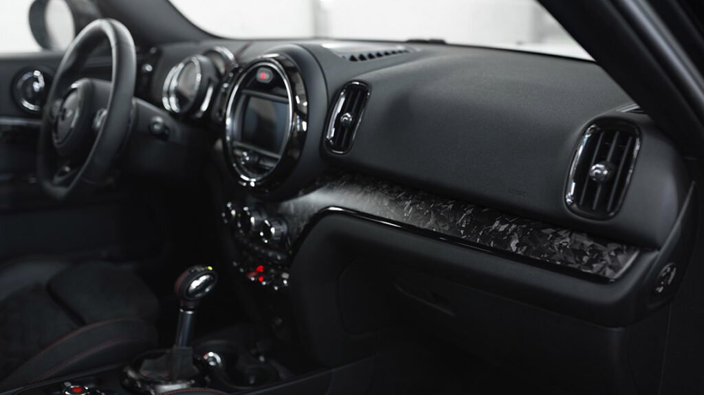 Bespoke MINI F60 JCW interior with forged matte carbon dashboard trim