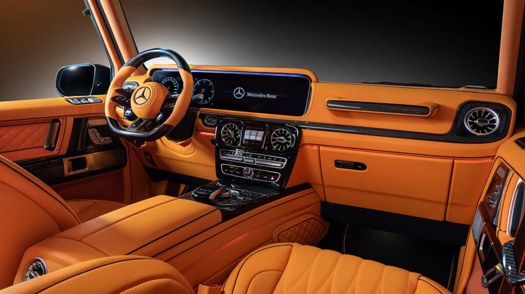 Mercedes-Benz G63 bespoke interior with Lava Orange leather and gloss carbon