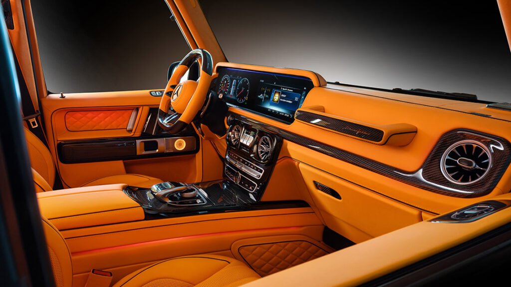 Bespoke Mercedes-Benz G63 interior with Lava Orange dashboard and gloss carbon trim