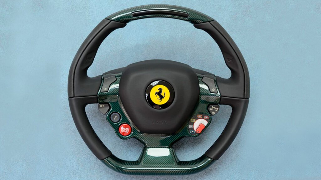 Ferrari 458 custom steering wheel front view with green carbon fiber finish