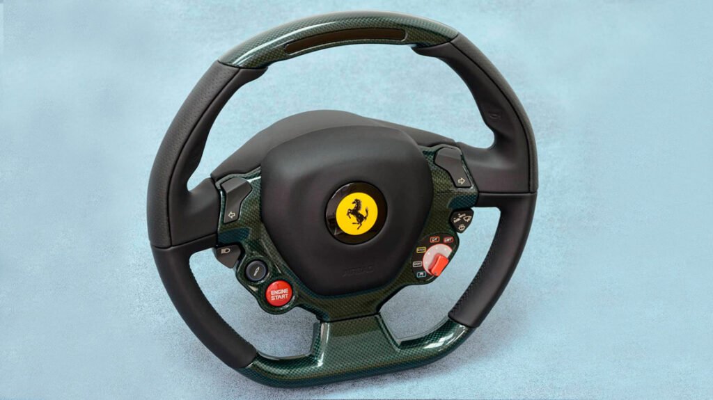 Ferrari 458 custom steering wheel front angle with carbon fiber trim and controls